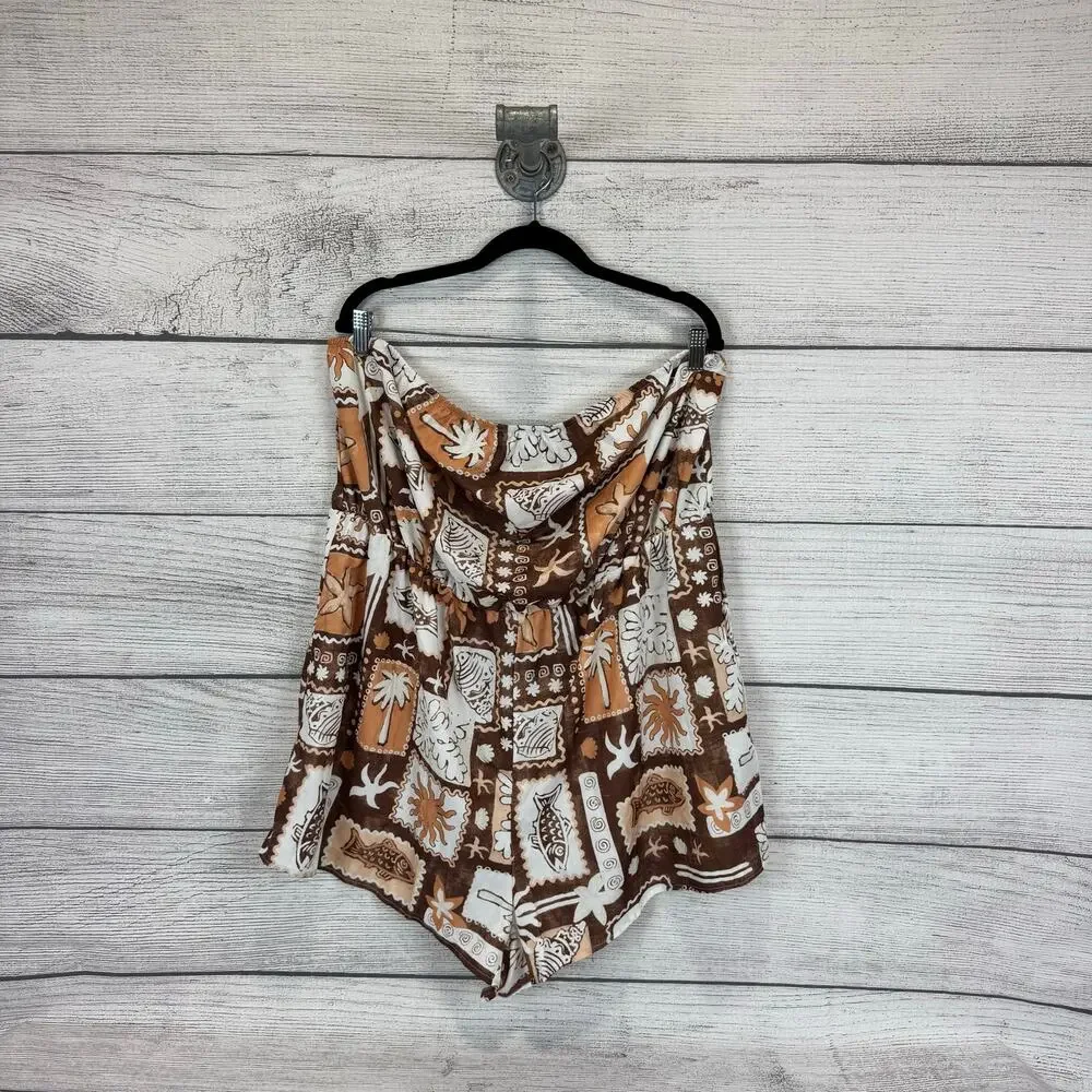 Shein Curve Brown & White Tropical Beach Strapless Romper Size 4XL